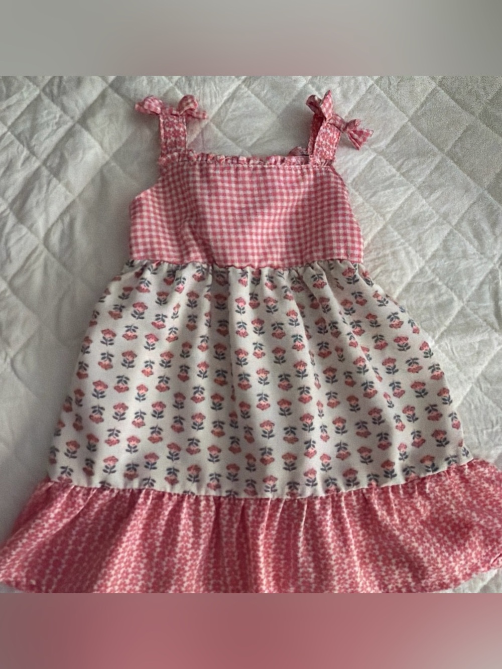 Girls Pink Gingham & Floral Tiered Sundress with Tie Straps